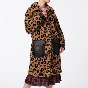 Leopard Teddy Coat with Black Faux Leather Accents